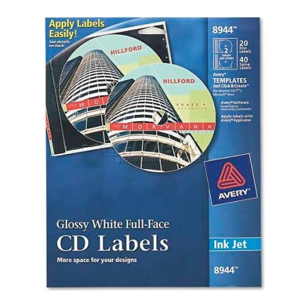 Avery Dennison Avery Inkjet Full-Face CD Labels, Glossy White, 20/Pack 8944